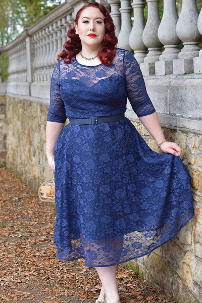 EU STOCK Madeline Long Sleeved Navy Lace Dress