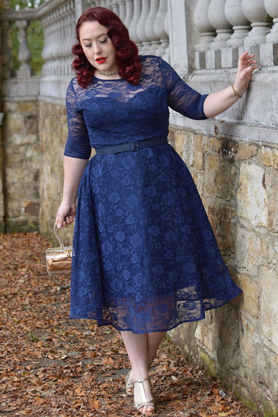 EU STOCK Madeline Long Sleeved Navy Lace Dress