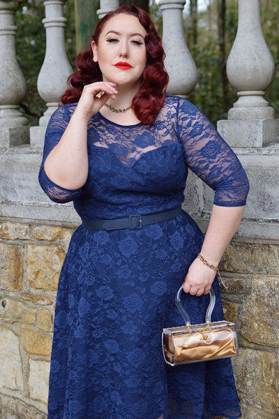 EU STOCK Madeline Long Sleeved Navy Lace Dress