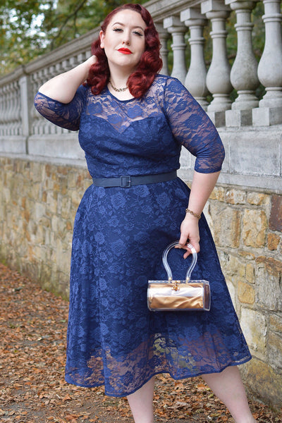 EU STOCK Madeline Long Sleeved Navy Lace Dress