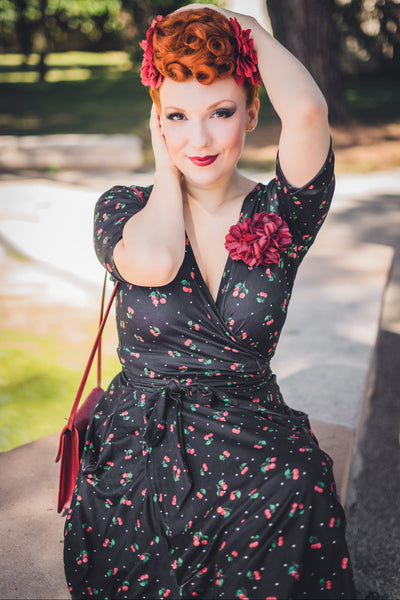 Matilda Black Cherry Print Knit Wrap Dress