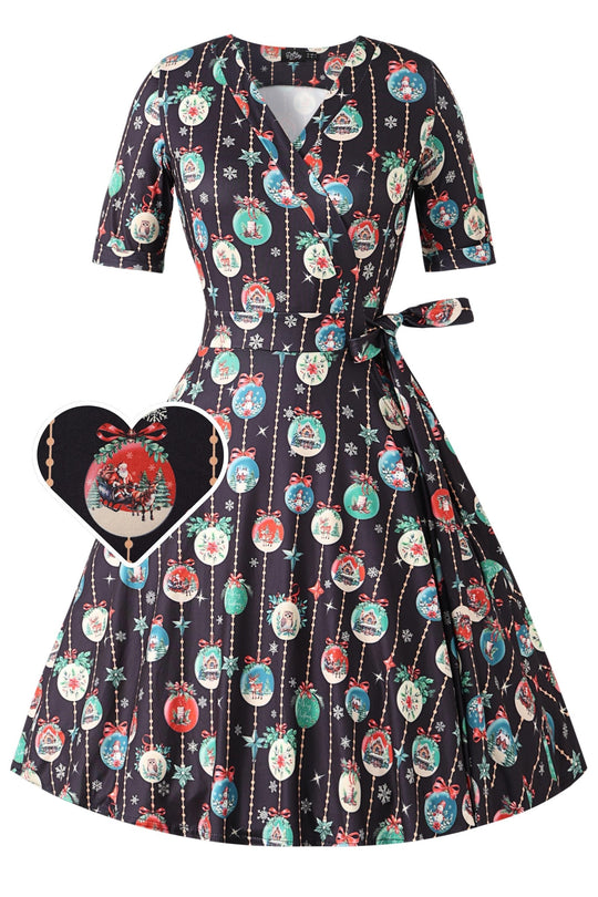 Matilda Black Christmas Bauble Wrap Dress — front view