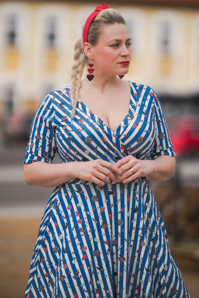 EU Stock-Matilda Blue and Stripe Knit Wrap Dress
