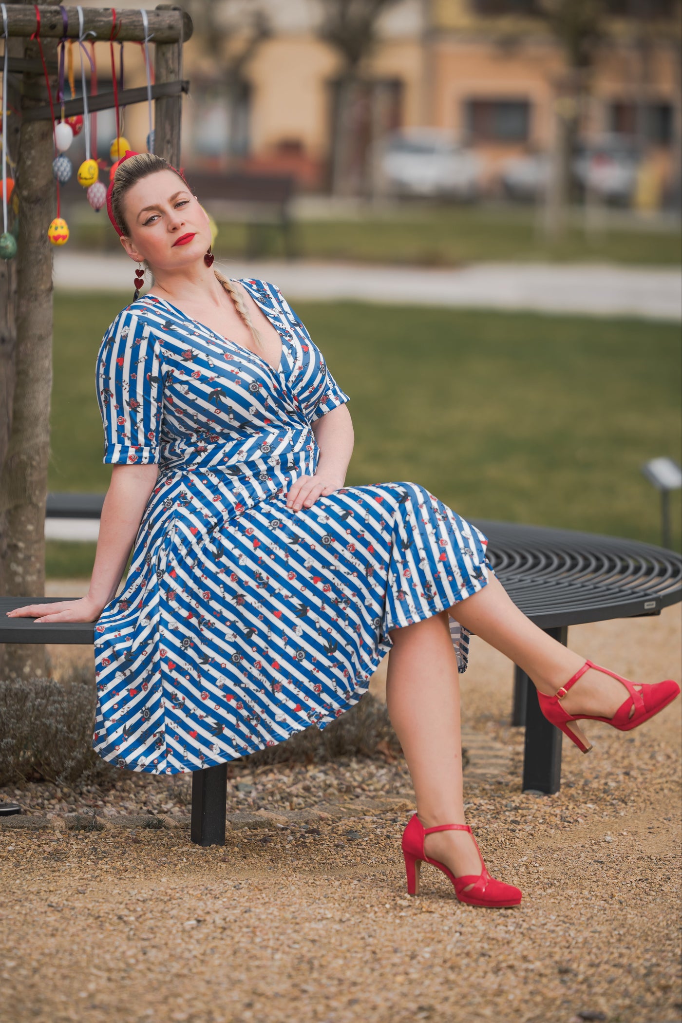 EU Stock-Matilda Blue and Stripe Knit Wrap Dress