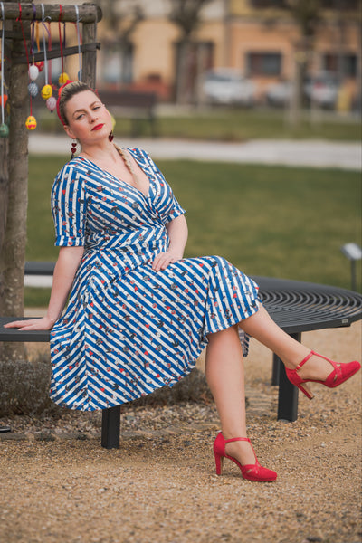 EU Stock-Matilda Blue and Stripe Knit Wrap Dress