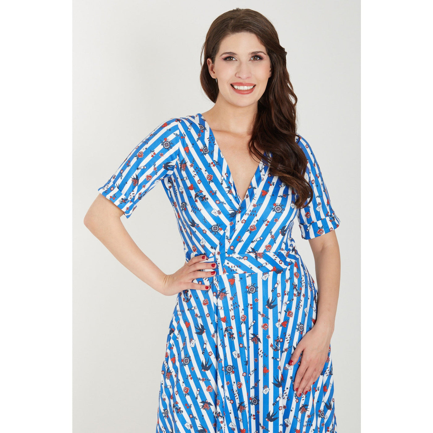 EU Stock-Matilda Blue and Stripe Knit Wrap Dress