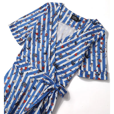 EU Stock-Matilda Blue and Stripe Knit Wrap Dress