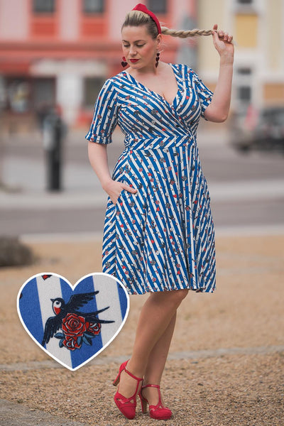 EU Stock-Matilda Blue and Stripe Knit Wrap Dress