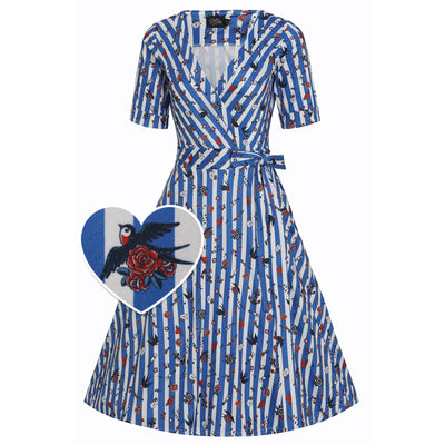 EU Stock-Matilda Blue and Stripe Knit Wrap Dress