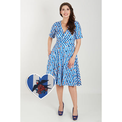 EU Stock-Matilda Blue and Stripe Knit Wrap Dress