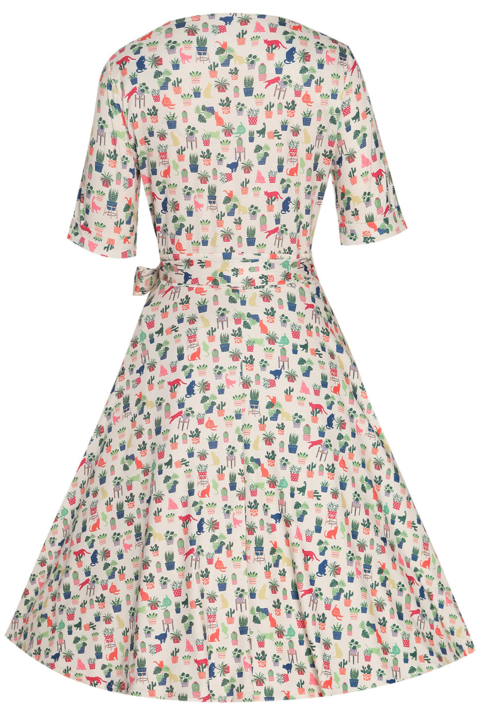 PRE ORDER Matilda Cream Knit Vintage-Inspired Cat & Plant Print Wrap Dress