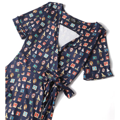 PRE ORDER Matilda Navy Blue & Quirky Dog Frame Print Print Knit Wrap Dress