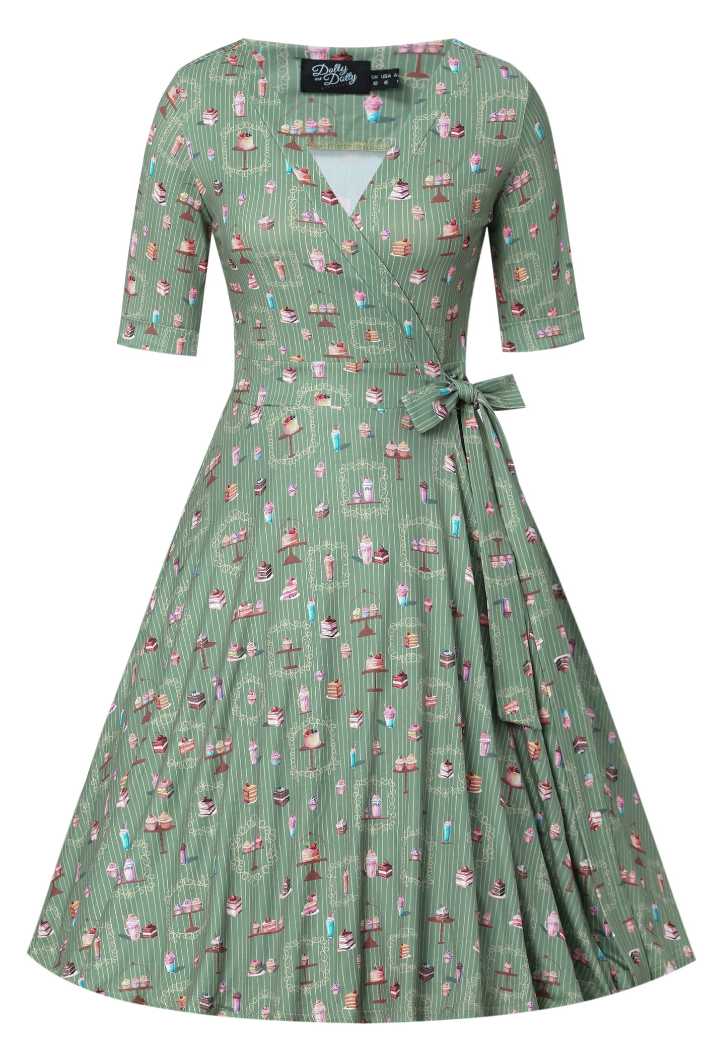 EU STOCK Matilda Green Vintage-Inspired Cake Print Knit Wrap Dress