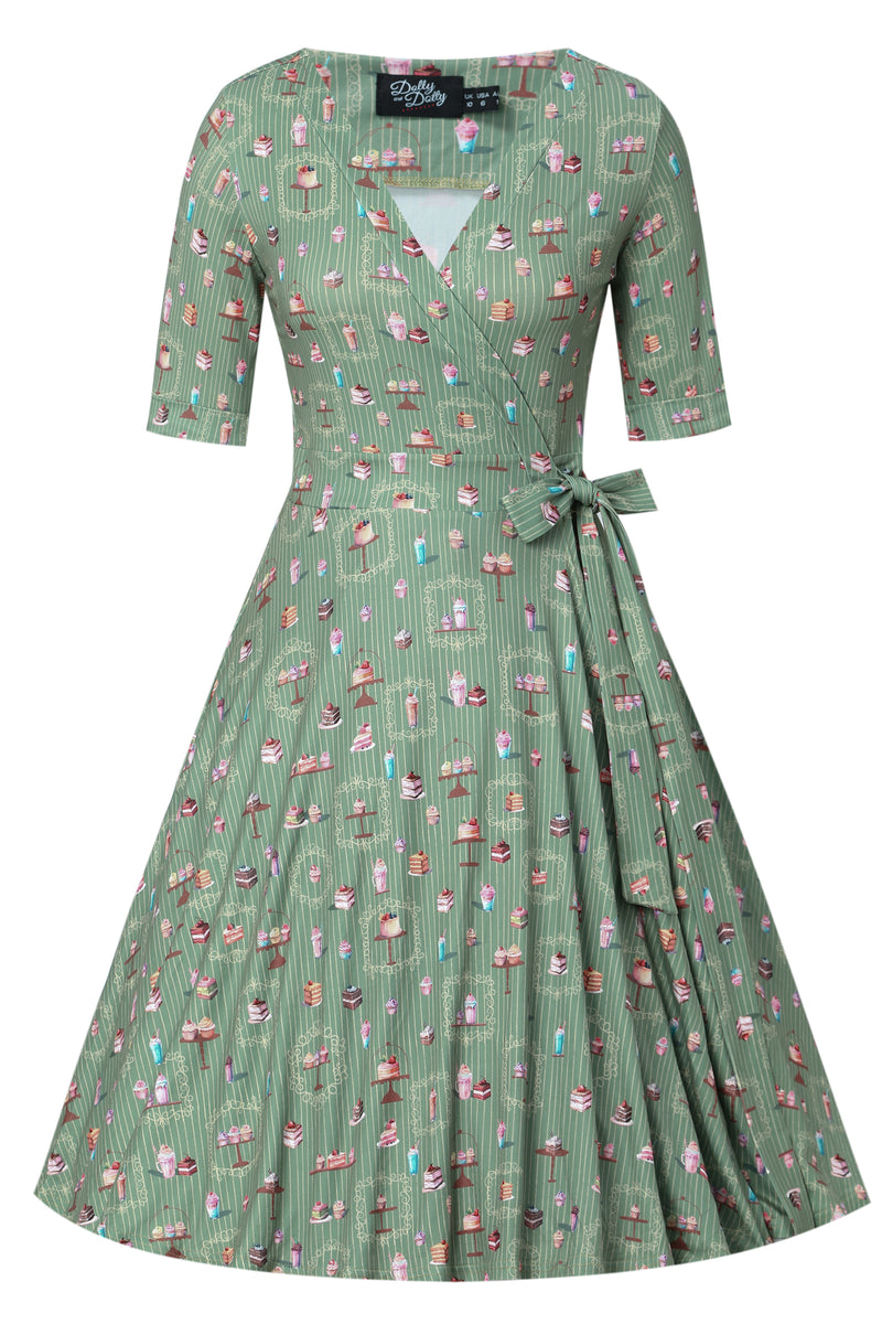 EU STOCK Matilda Green Vintage-Inspired Cake Print Knit Wrap Dress