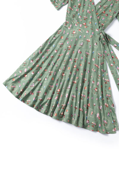 EU STOCK Matilda Green Vintage-Inspired Cake Print Knit Wrap Dress