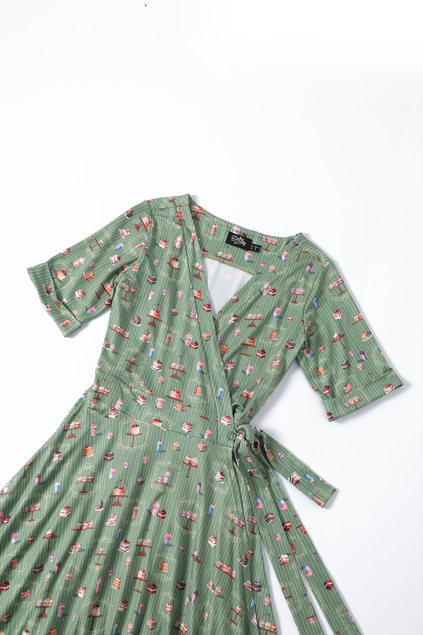 EU STOCK Matilda Green Vintage-Inspired Cake Print Knit Wrap Dress