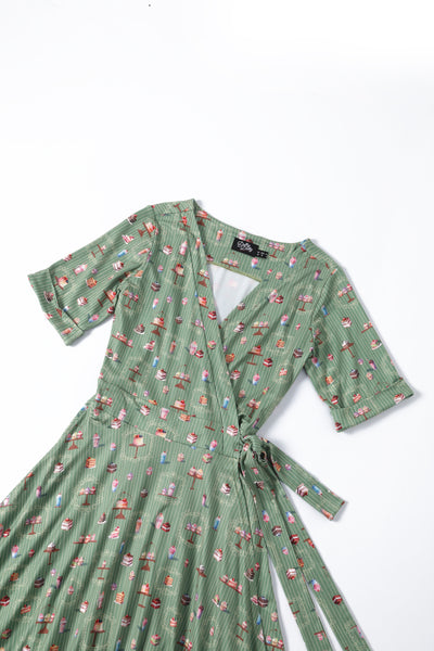EU STOCK Matilda Green Vintage-Inspired Cake Print Knit Wrap Dress