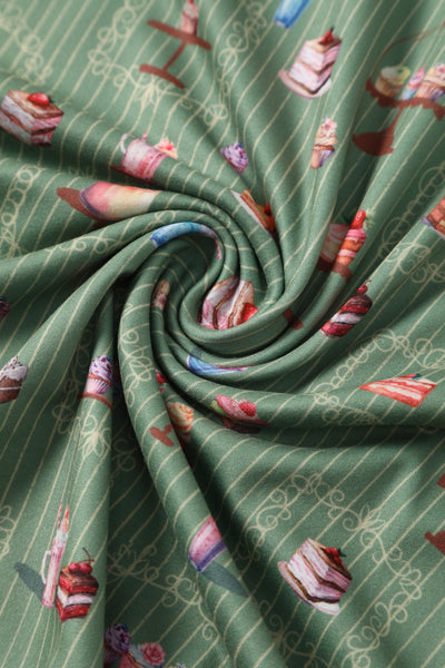 EU STOCK Matilda Green Vintage-Inspired Cake Print Knit Wrap Dress