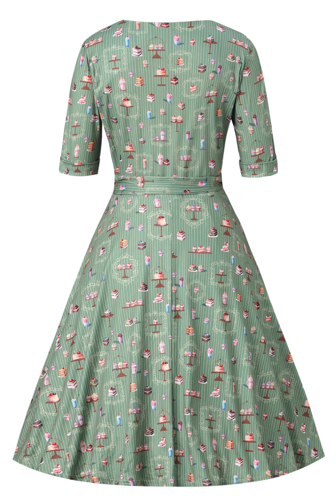 EU STOCK Matilda Green Vintage-Inspired Cake Print Knit Wrap Dress