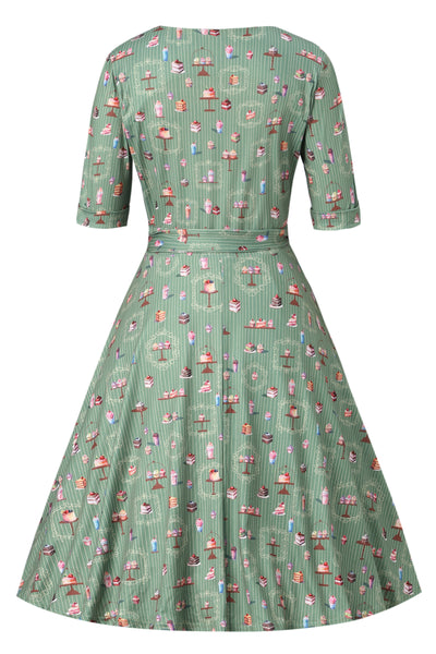 EU STOCK Matilda Green Vintage-Inspired Cake Print Knit Wrap Dress