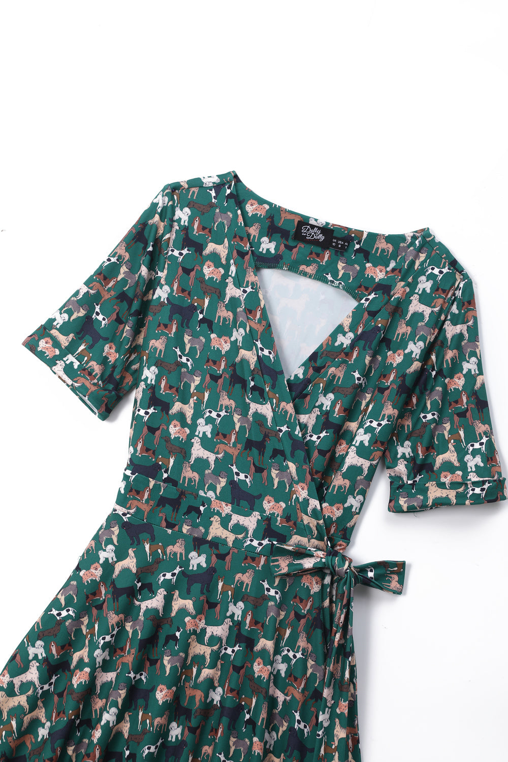 Matilda Green Knit Vintage-Inspired Dog Print Wrap Dress