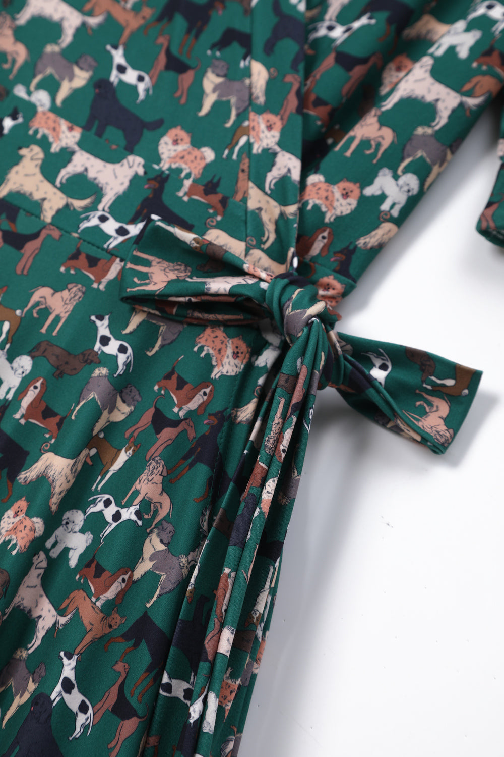 Matilda Green Knit Vintage-Inspired Dog Print Wrap Dress