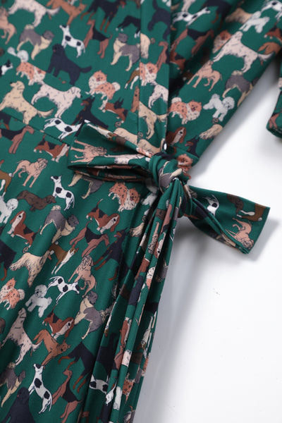 Matilda Green Knit Vintage-Inspired Dog Print Wrap Dress