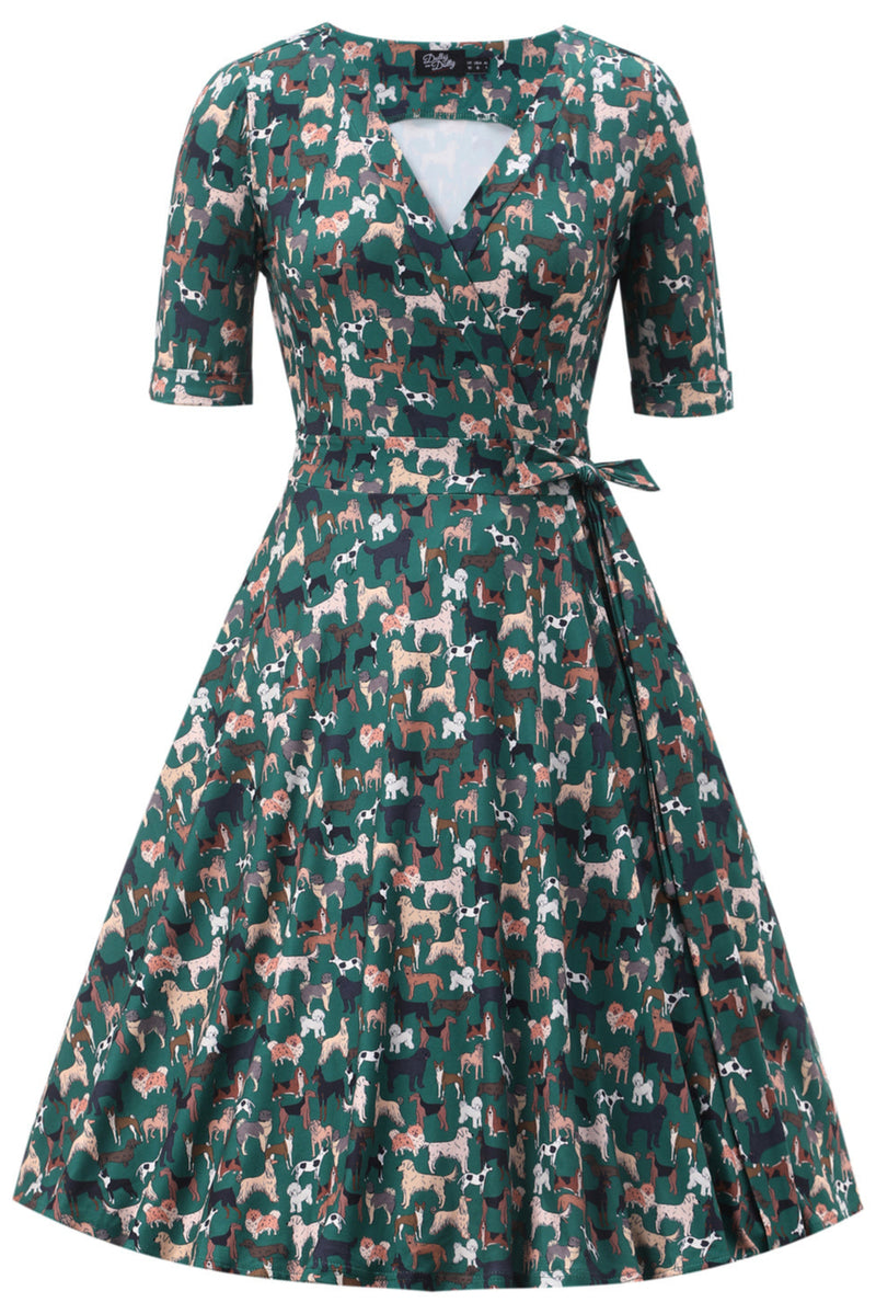 Matilda Green Knit Vintage-Inspired Dog Print Wrap Dress