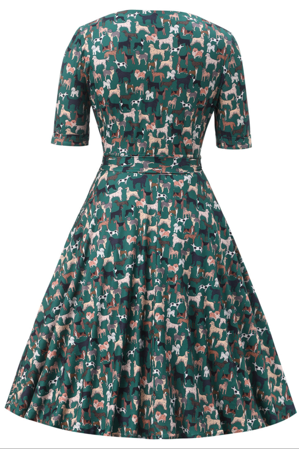 Matilda Green Knit Vintage-Inspired Dog Print Wrap Dress