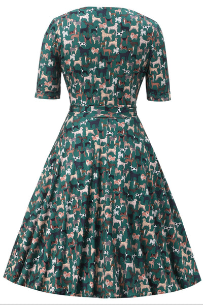 Matilda Green Knit Vintage-Inspired Dog Print Wrap Dress