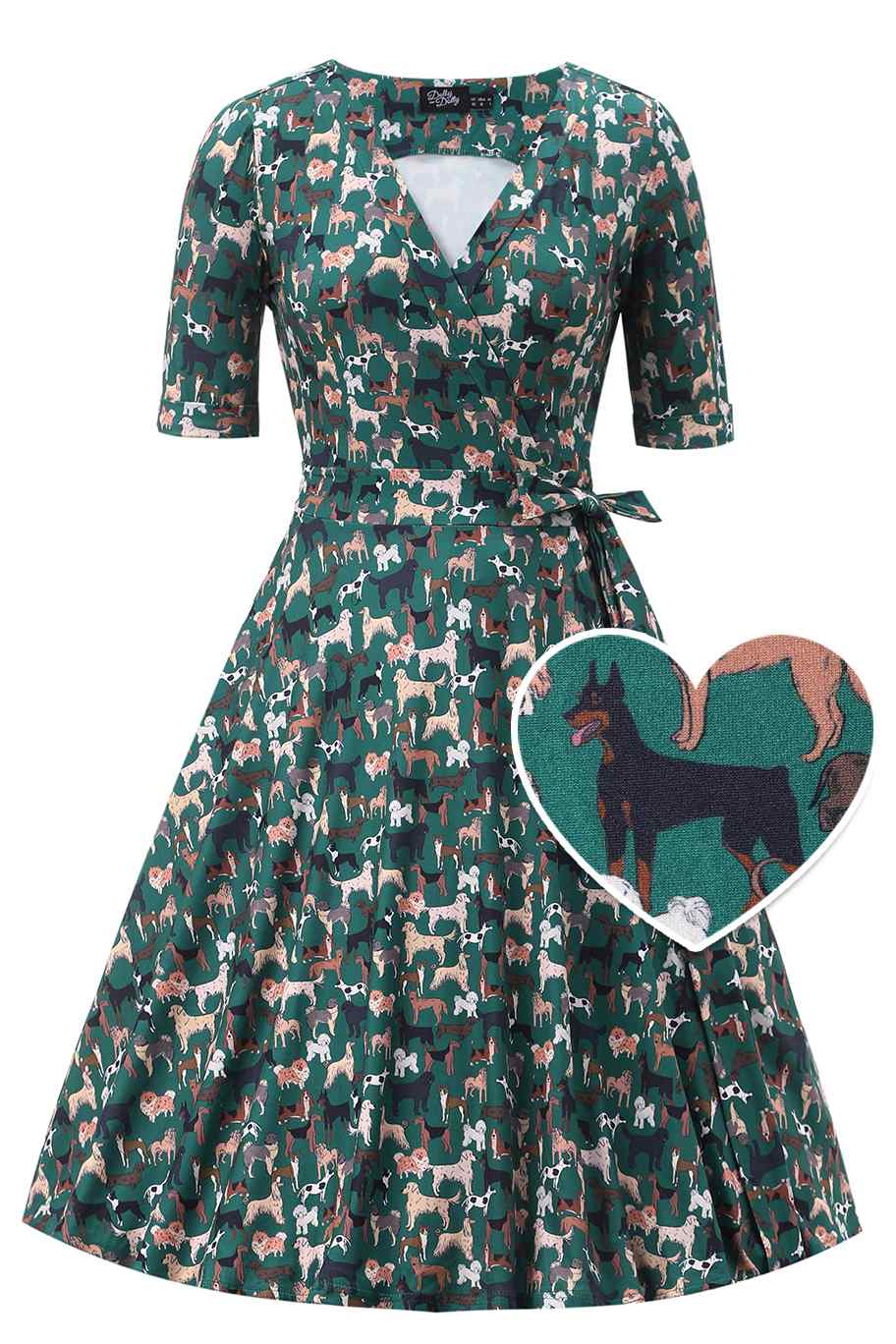 PRE ORDER Matilda Green Knit Vintage-Inspired Dog Print Wrap Dress