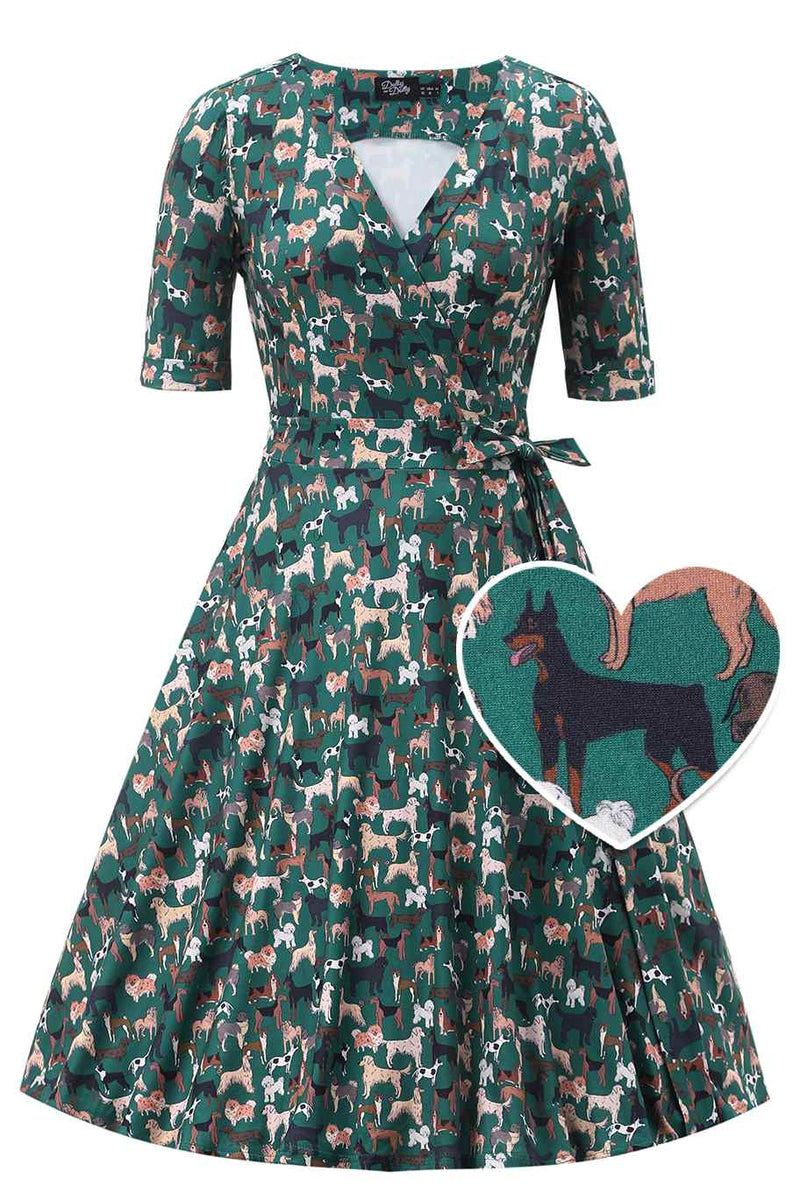 PRE ORDER Matilda Green Knit Vintage-Inspired Dog Print Wrap Dress