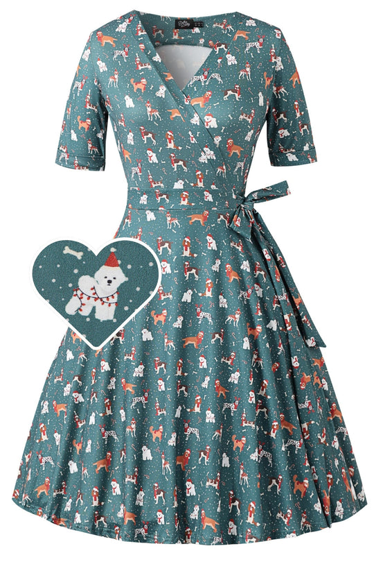 Matilda Green Christmas Dog Wrap Dress — front view