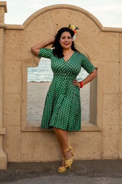 Matilda Dark Green & White Polka Knit Wrap Dress