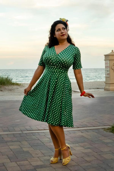 Matilda Dark Green & White Polka Knit Wrap Dress