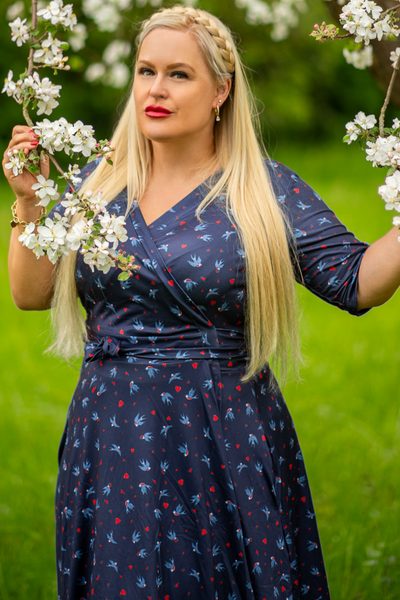 Matilda Navy Blue and Heart Swallow Knit Wrap Dress