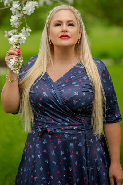 Matilda Navy Blue and Heart Swallow Knit Wrap Dress
