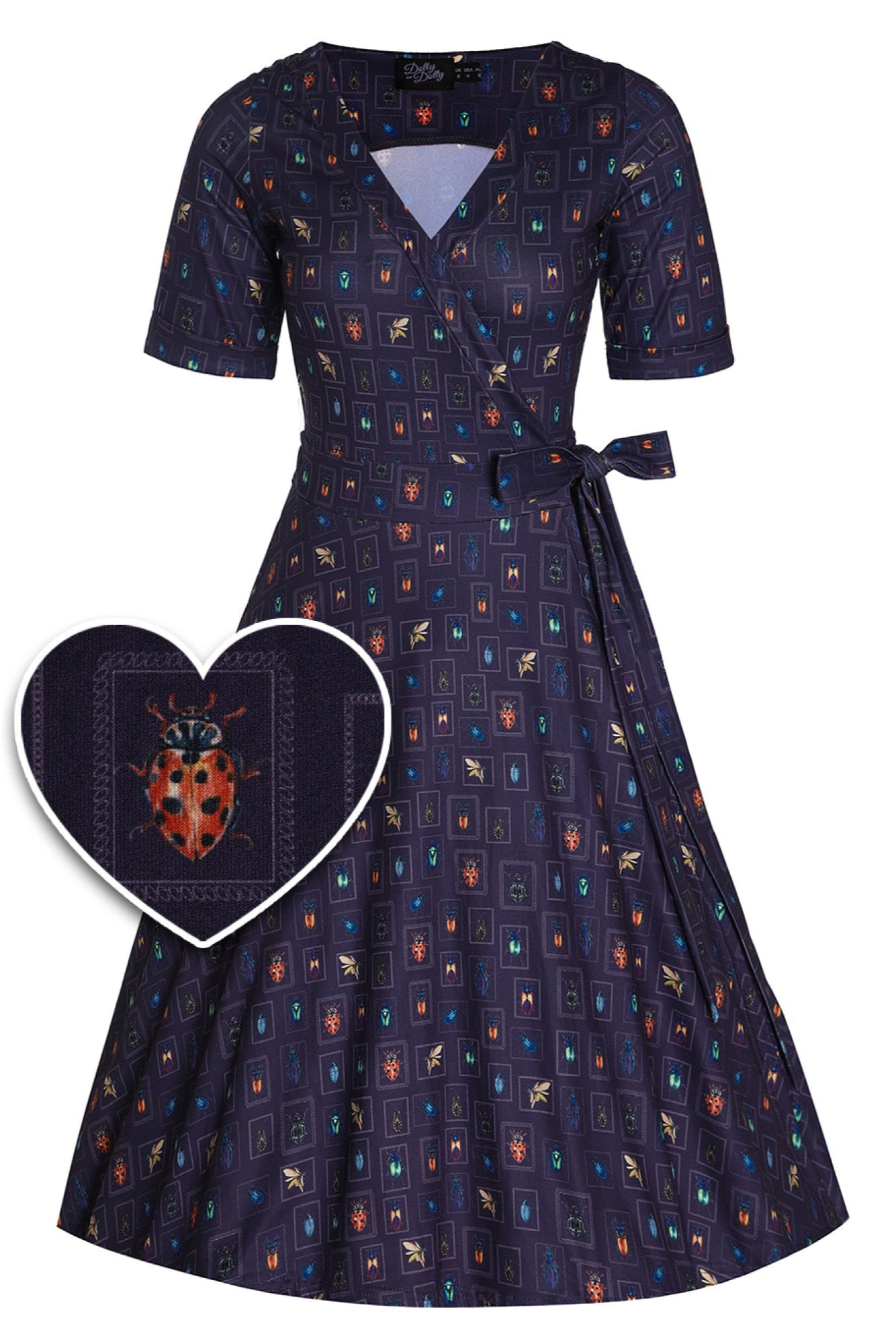 Matilda Navy Blue Bug Collection Print Wrap Dress