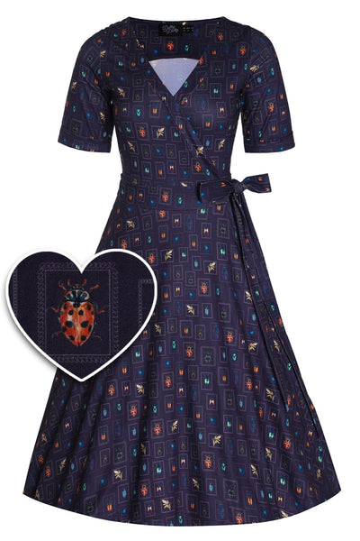 Matilda Navy Blue Bug Collection Print Wrap Dress