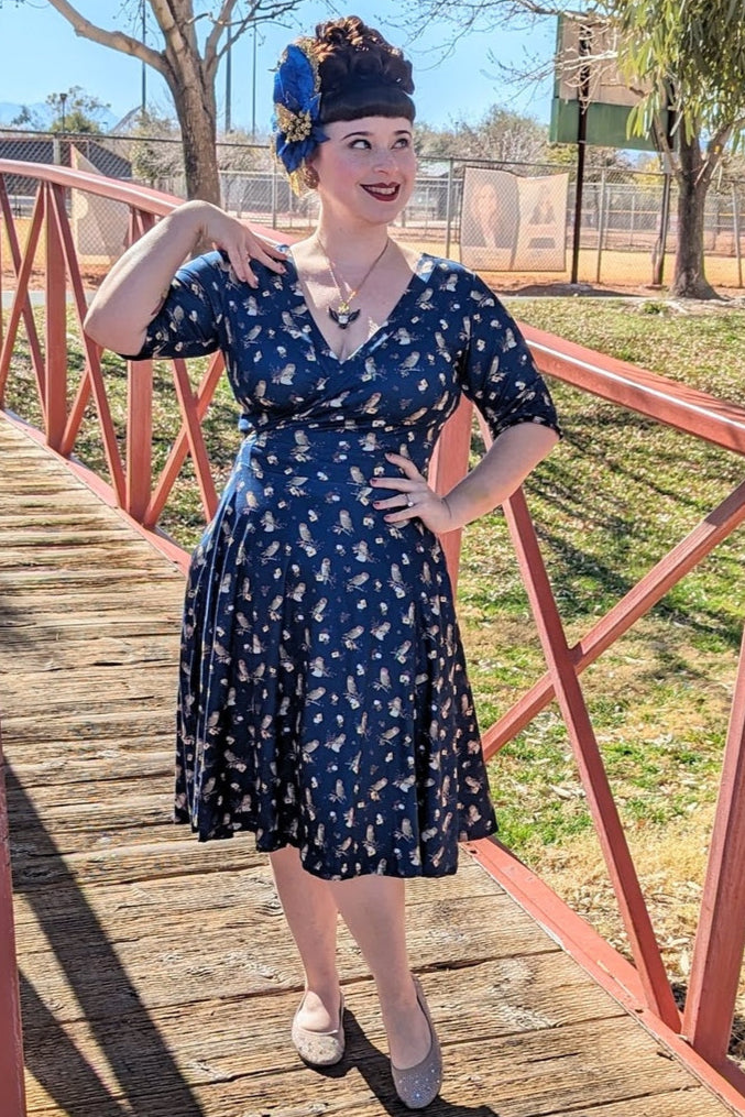 Matilda Navy Blue Owl Knit Wrap Dress