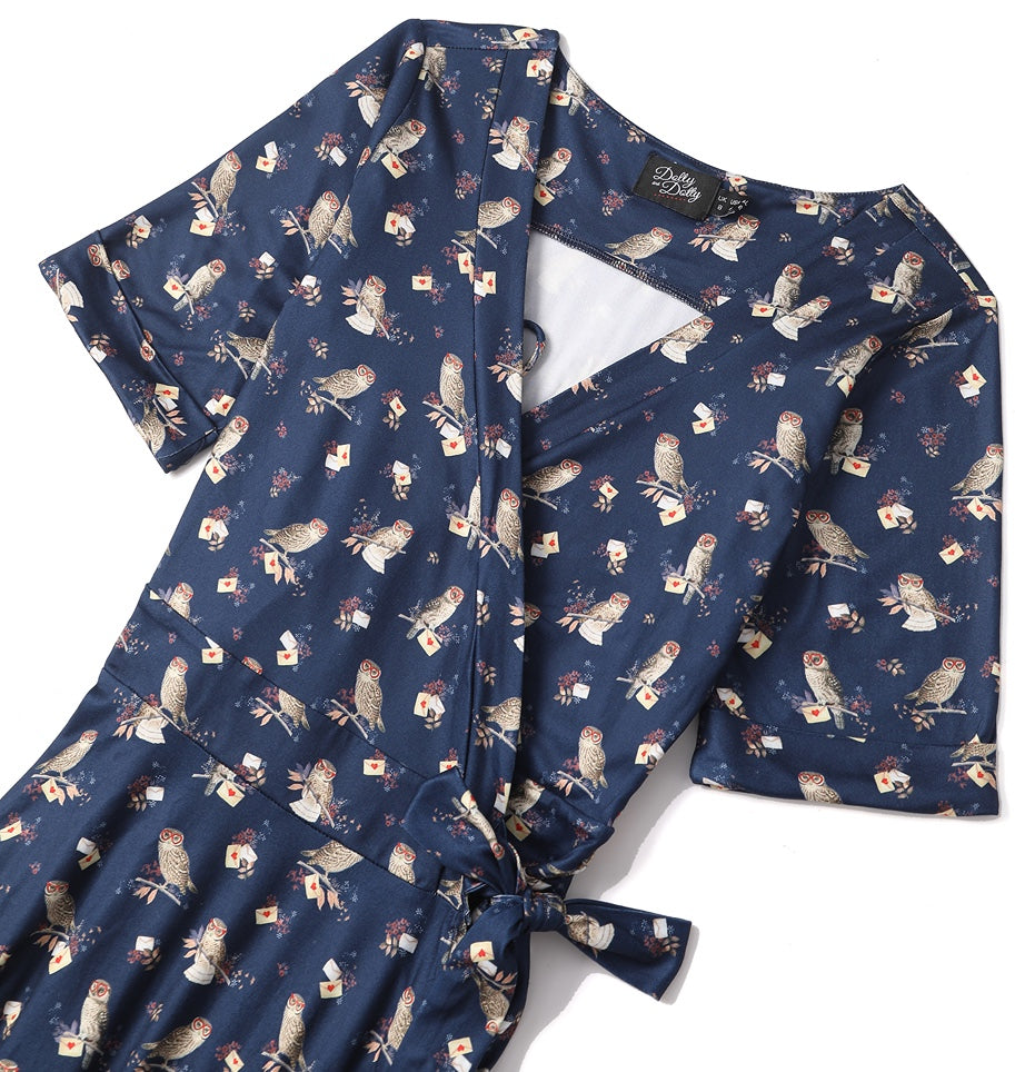 Matilda Navy Blue Owl Knit Wrap Dress
