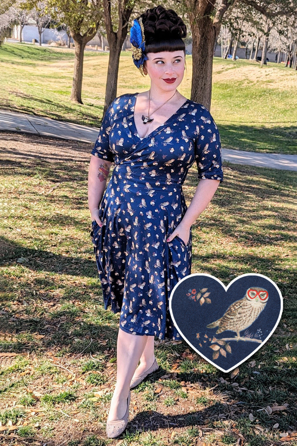 Matilda Navy Blue Owl Knit Wrap Dress