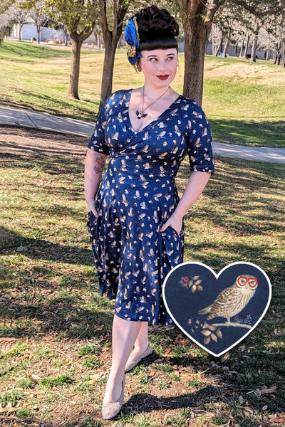 Matilda Navy Blue Owl Knit Wrap Dress