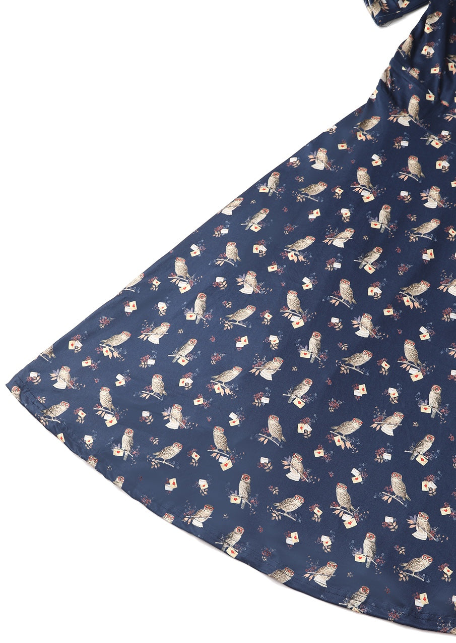 Matilda Navy Blue Owl Knit Wrap Dress