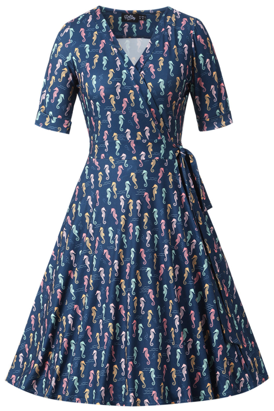 PRE ORDER Matilda Navy Blue Knit Vintage-Inspired Pastel Seahorse Print Wrap Dress