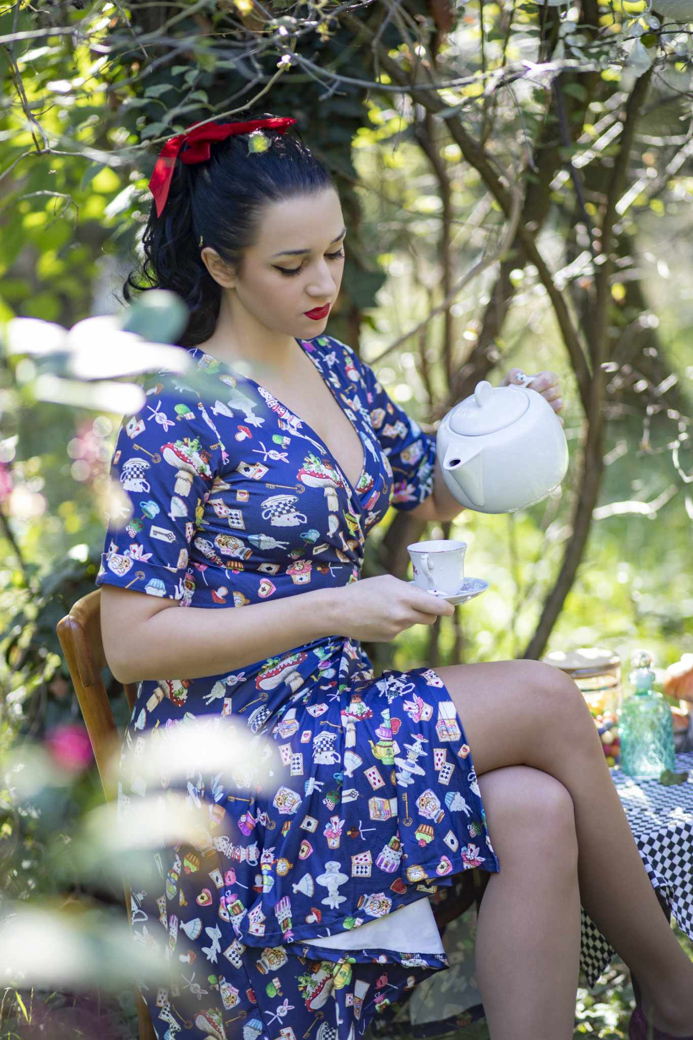 Matilda Navy Blue with Wonderland Print Knit Wrap Dress