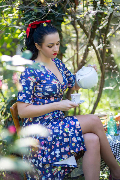 Matilda Navy Blue with Wonderland Print Knit Wrap Dress