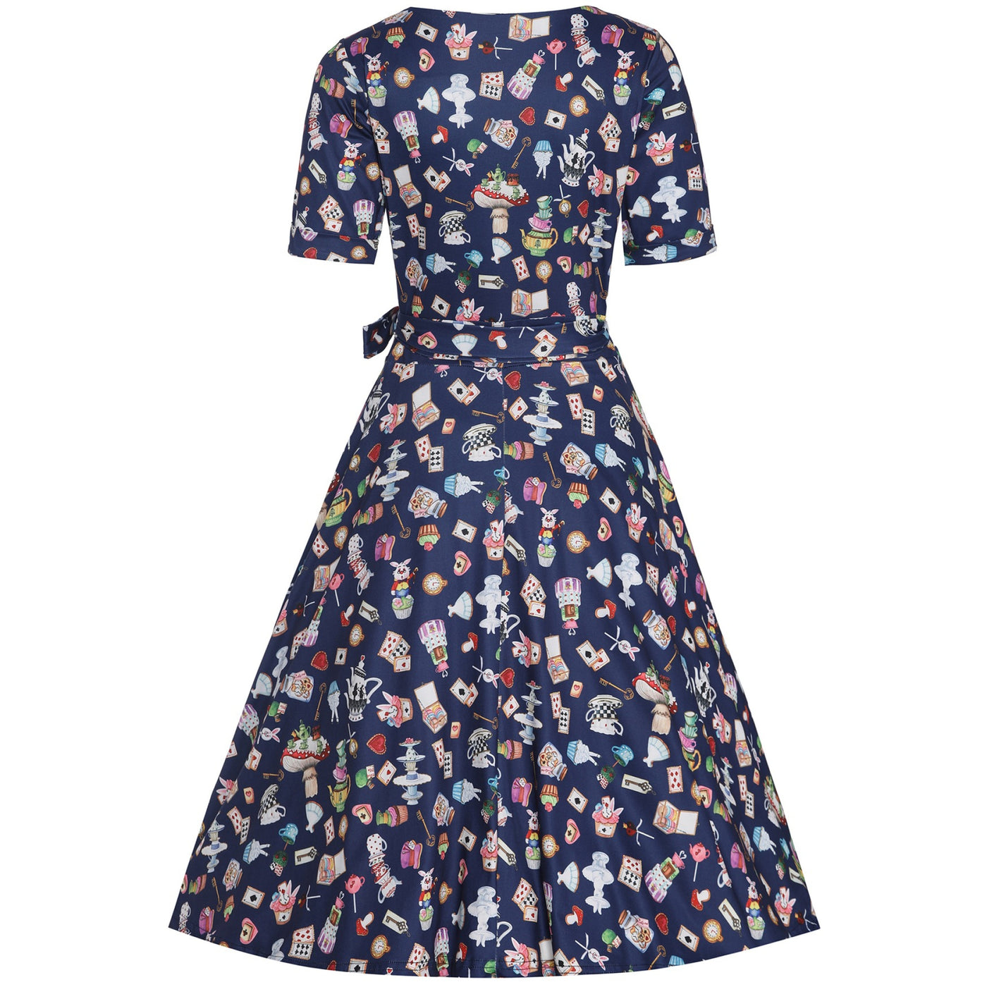 Matilda Navy Blue with Wonderland Print Knit Wrap Dress