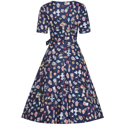 Matilda Navy Blue with Wonderland Print Knit Wrap Dress