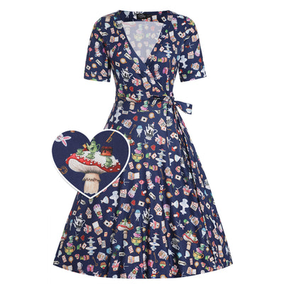 Matilda Navy Blue with Wonderland Print Knit Wrap Dress